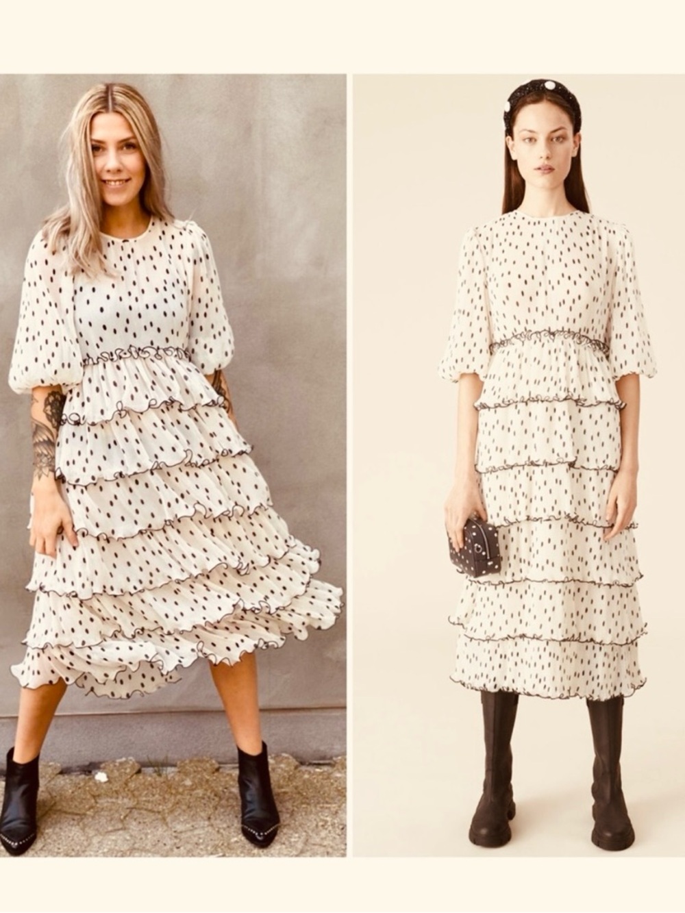 Ganni Women’s Dark Cream Black Polka Dot Pleated Ruffle Puff Sleeve Midi Dress 6